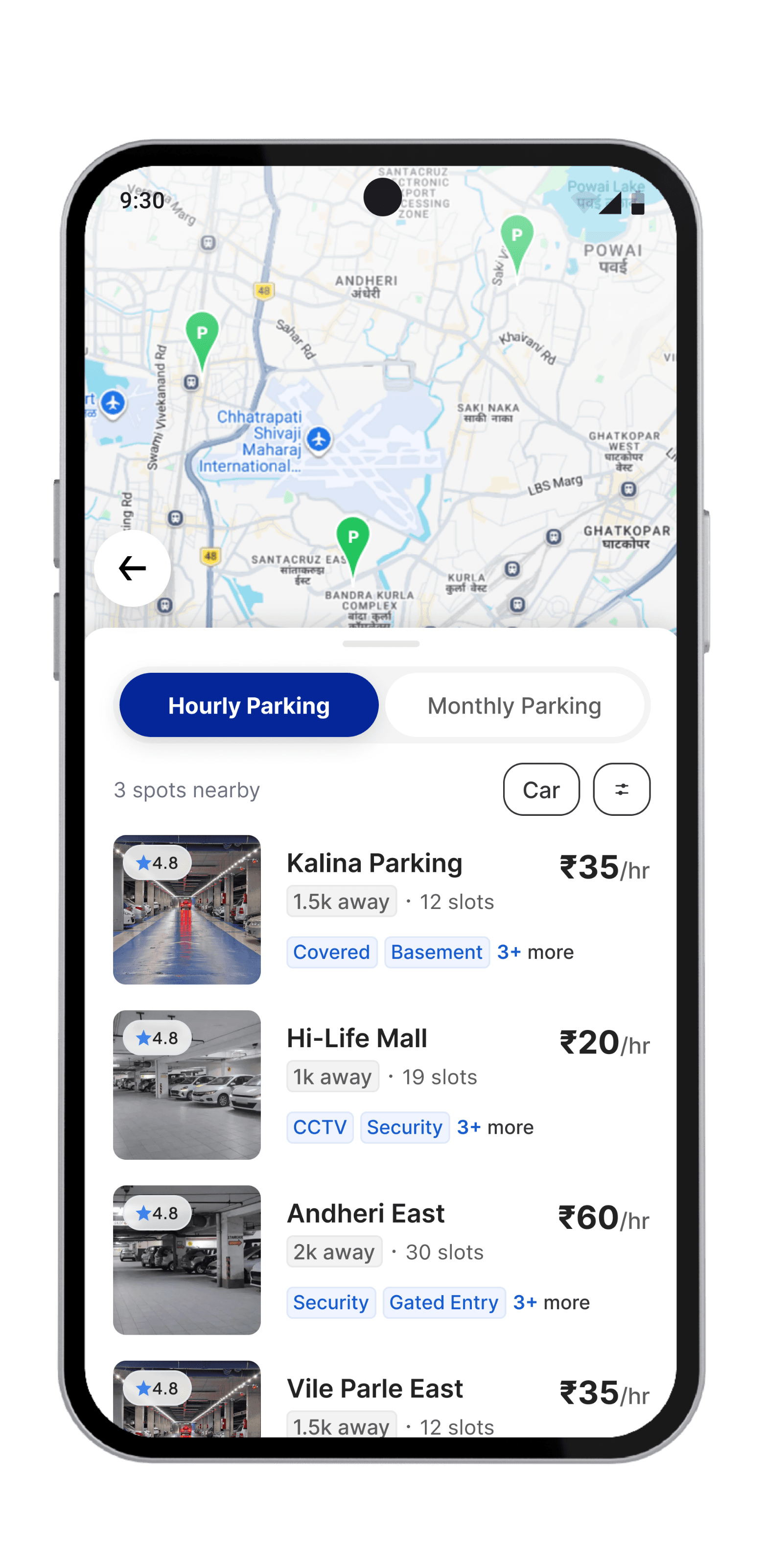 GoParkEasy app showing nearby parking listings