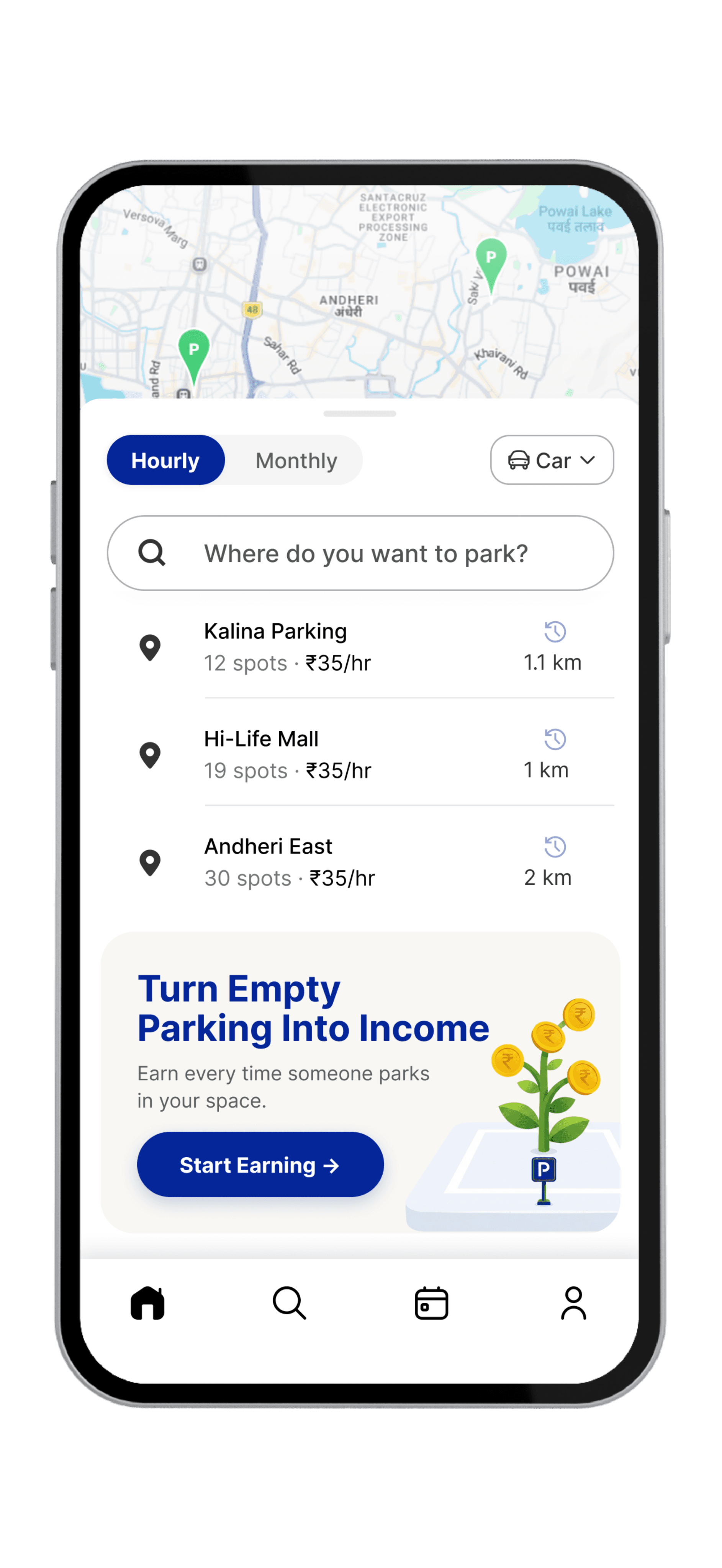 GoParkEasy app showing parking spots nearby